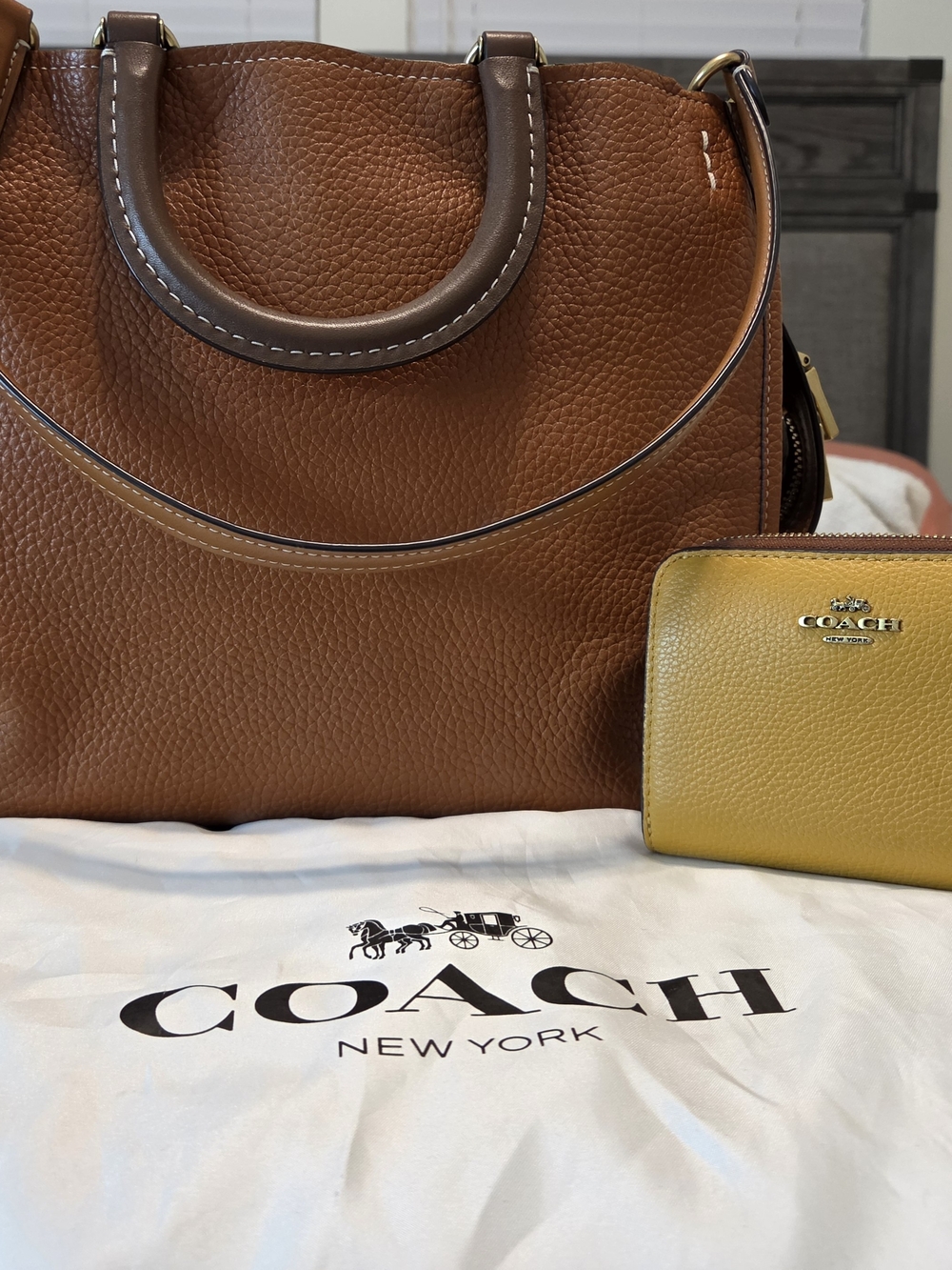 COACH Women’s Brown Pebbled Leather Tote with Yellow Zip Wallet